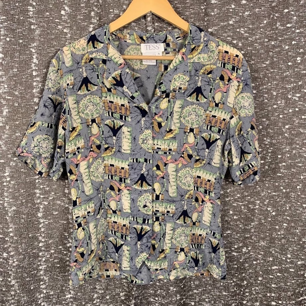 Vintage Tess Button Up Silk Abstract Patterned Shirt Retro Eclectic Women's 4